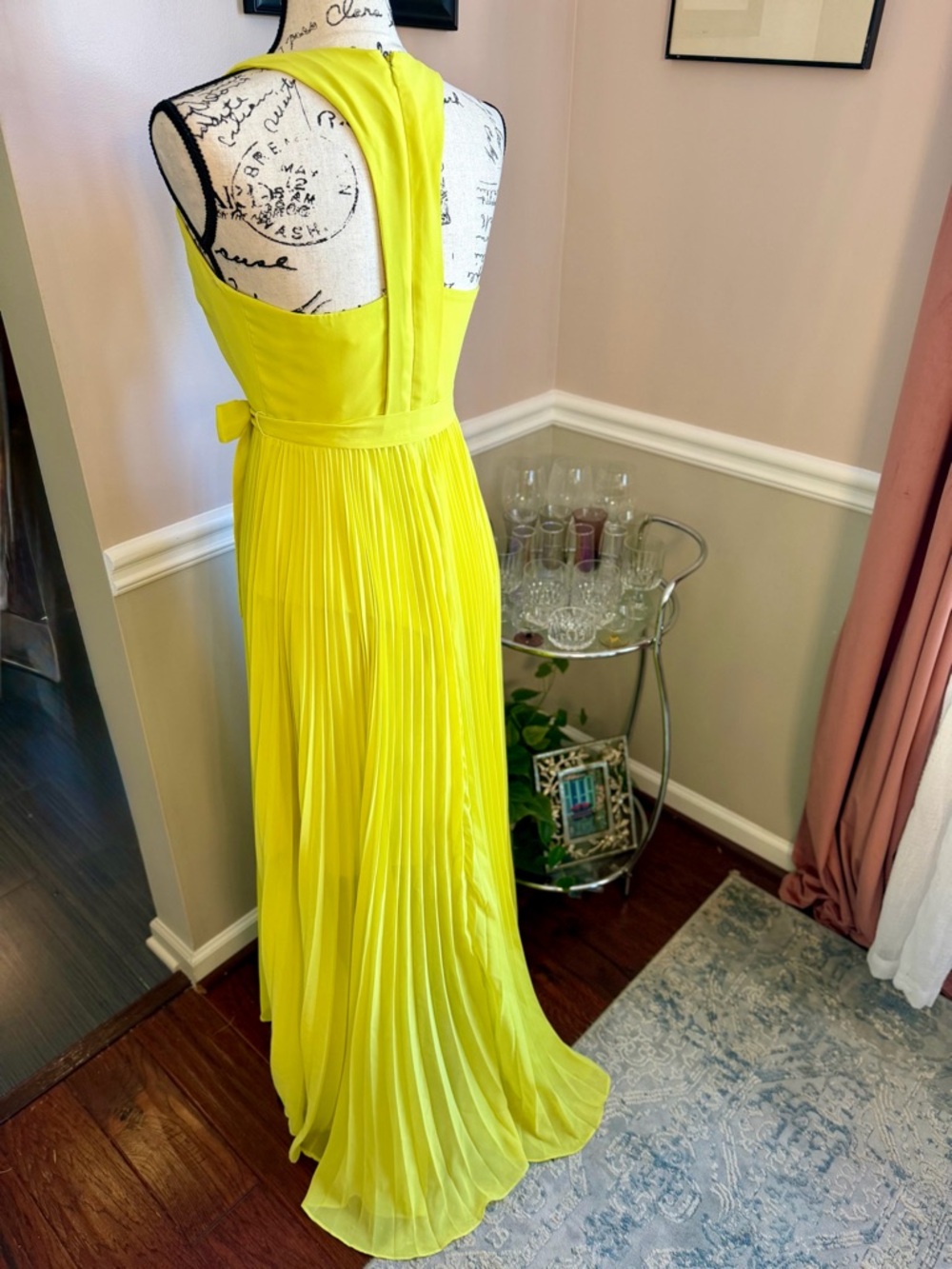 BCBG Paris Alyssa Dress Sz 2 Lime Yellow Pleated Hi Low Formal Party - Picture 4 of 9